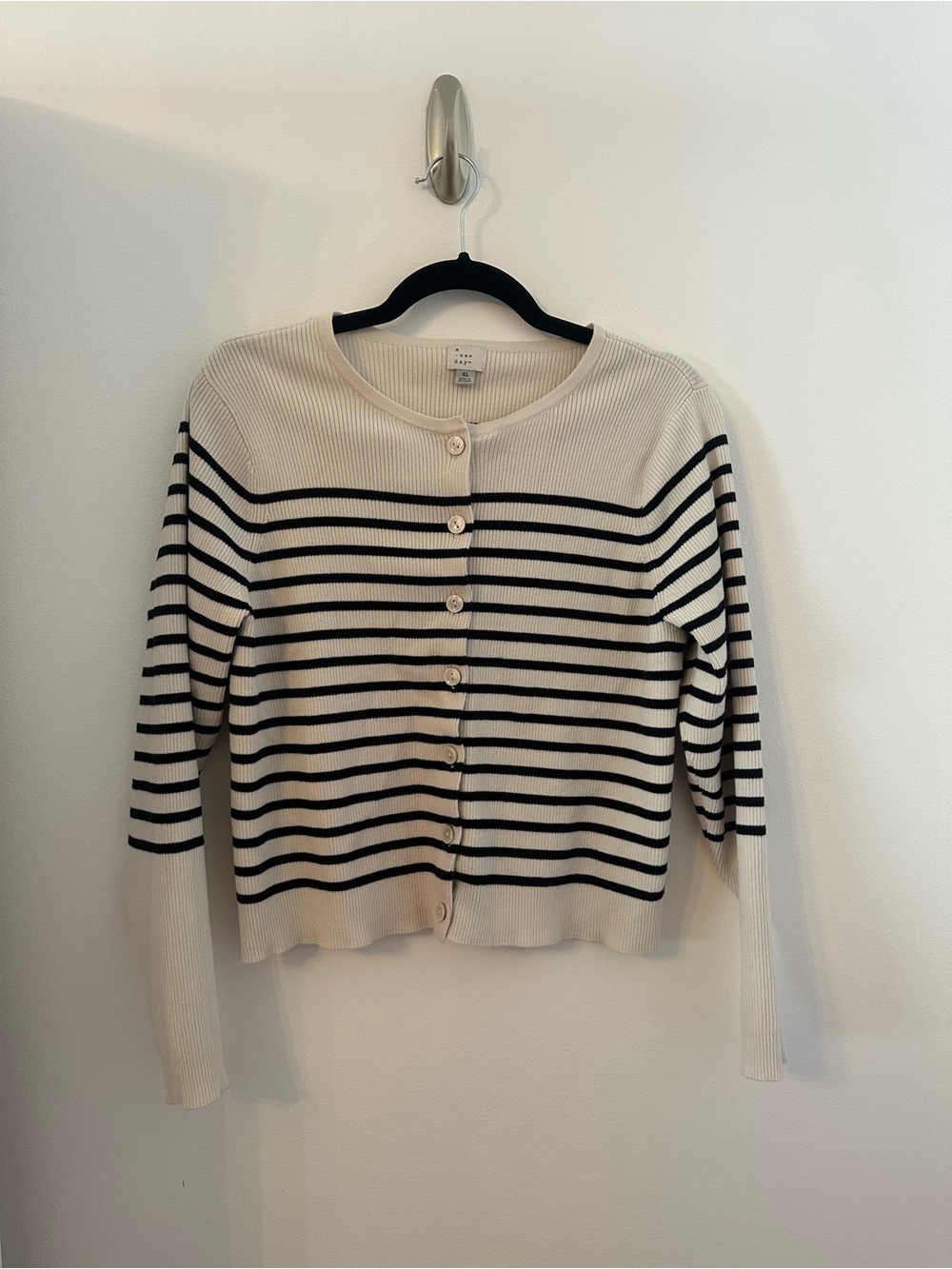 a new day Cream and Black Striped Button-Front Cardigan